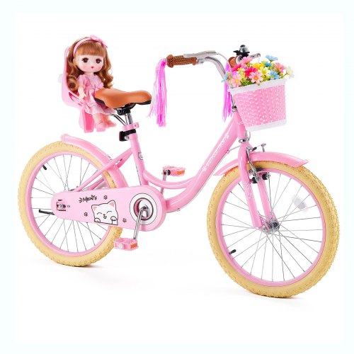 VEVOR Kids Bike, 20 in Children Bicycle, Kickstand Princess Style Pink, for Girls Ages 7-13, Adjustable Seat, Front Brake and Rear Drum Brake, Front Basket, Doll Seat, High-Carbon Steel Frame