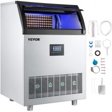 VEVOR 110V Commercial Ice Maker 265LBS/24H, 750W Ice Machine with 55LBS Storage Capacity, 126 Ice Cubes Ready in 11-15Mins, Stainless Steel Construction, Includes Water Filter and Connection Hose