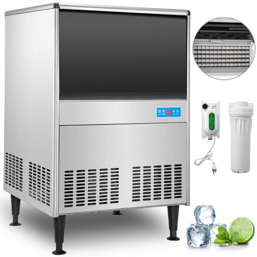 VEVOR 110V Commercial Ice Maker Machine 220LBS/24H ETL Approved Stainless Steel Ice Machine with 99LBS Bin, Auto Clean, Clear Cube, Air-Cooled, Include Water Filter and Drain Pump