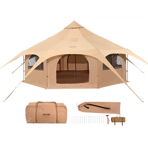 VEVOR Canvas Tent, 4 Seasons 5 m/16.4 ft Bell Tent, Canvas Tent for Camping with Stove Jack, Breathable Yurt Tent for up to 8 People, Family Camping O