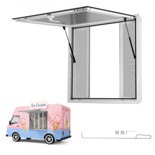 VEVOR Concession Window 36x36 in Aluminum Alloy Frame Service Window, for Food Truck, Up to 85 Degrees Stand Serving with 4 Sliding Screen Windows, Awning Door and Drag Hook, Rainwater Resistant
