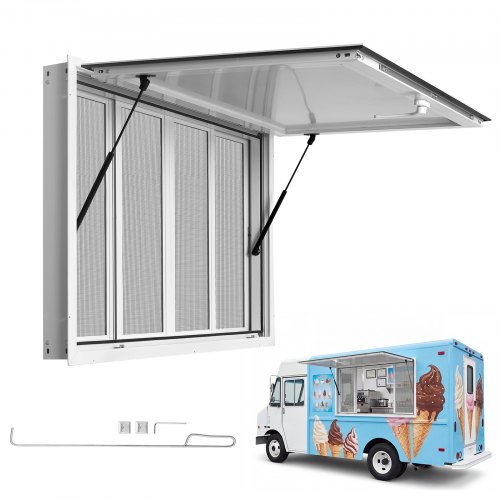 

VEVOR Concession Window 45x30 in Aluminum Alloy Service Window, for Food Truck, Up to 85 Degrees Stand Serving with 4 Sliding Screen Windows, Awning Door and Drag Hook, Rainwater Resistant