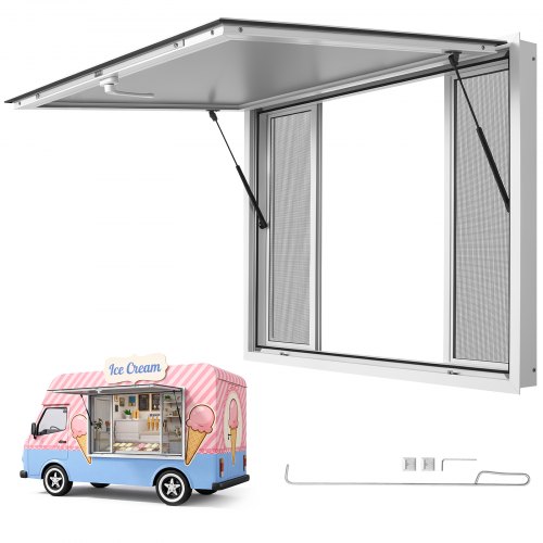 

VEVOR Concession Window 48x36 in Aluminum Alloy Frame Service Window, for Food Truck, Up to 85 Degrees Stand Serving with 4 Sliding Screen Windows, Awning Door and Drag Hook, Rainwater Resistant