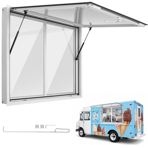 

VEVOR Concession Window 48x36 in Aluminum Alloy Service Window, for Food Truck, Up to 85 Degrees Stand Serving with 2 Sliding Acrylic Windows, Awning Door and Drag Hook, Rainwater Resistant