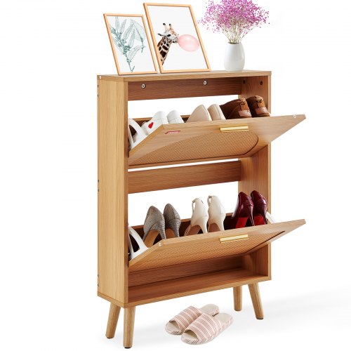 

VEVOR Shoe Cabinet with 2 Flip Drawers, Shoe Storage Cabinet for Entryway, Free Standing Shoe Storage Organizer with Rattan Doors for Heels, Boots, Slippers in Hallway, Living Room