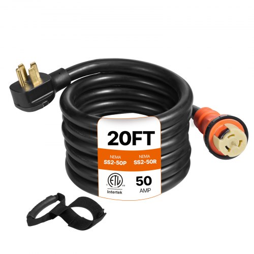 

VEVOR Heavy Duty Generator Cord, 20 Feet Generator Power Cord, 50AMP ETL Listed Cord, 12000 Watts Black Cable, SS2-50R Generator Plug, SS2-50P Extension Cord, 125/250V Generator Wire w/ Portable Strap