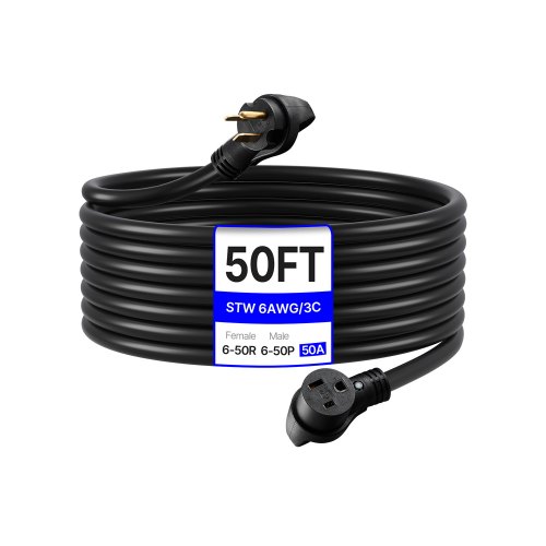 VEVOR 50-Amp Generator Extension Cord, 50 Foot, 250 Volts 12500 Watts Heavy Duty Power Cable, NEMA 6-50R NEMA 6-50P SWT 6AWG Flexible Welder Extension Cord, with Storage Bag, for Generator, ETL Listed