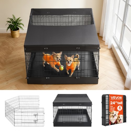 

VEVOR Dog Playpen 24 Inch 4 Panels Exercise Pen with Top Cover & Bottom Pad, Indoor Foldable Metal Pet Fence with Door, Heavy Duty Puppy Crate Kennel Pen for Dogs, Cats, and Other Small Animals, Black