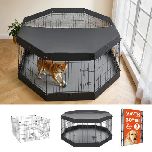 

VEVOR Dog Playpen 30 Inch 8 Panels Exercise Pen with Top Cover & Bottom Pad, Indoor Foldable Metal Pet Fence with Door, Heavy Duty Puppy Crate Kennel Pen for Dogs, Cats, and Other Small Animals, Black