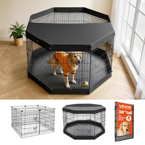 

VEVOR Dog Playpen 36 Inch 8 Panels Exercise Pen with Top Cover & Bottom Pad, Indoor Foldable Metal Pet Fence with Door, Heavy Duty Puppy Crate Kennel Pen for Dogs, Cats, and Other Small Animals, Black