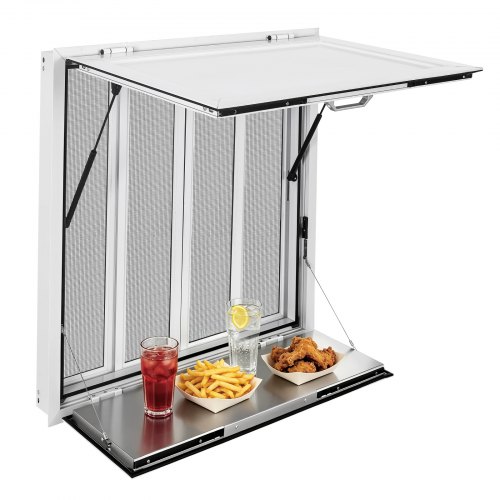 

VEVOR Concession Window Folding Shelf 36x36in Aluminum Alloy Service Window, for Food Truck, Up to 85 Degrees, with 4 Sliding Screen Windows, Awning Door and Drag Hook, Rainwater Resistant