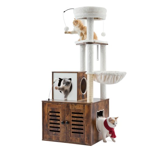 

VEVOR Large Cat Tree Litter Box Enclosure 2-in-1 Cat Tower Indoor Cat Play House