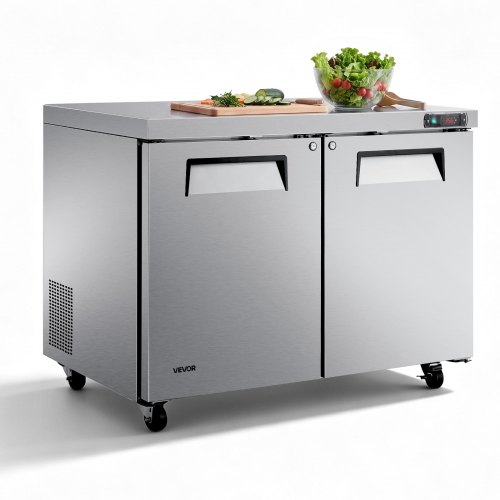 VEVOR 48"W Commercial Refrigerator 14.1 Cu.Ft Undercounter Worktop Mobile, Double-Door Food Prep Fridge with Lock, Interior Light, Heavyload Top, Stainless Steel Refrigerated Table for Diner, Bar