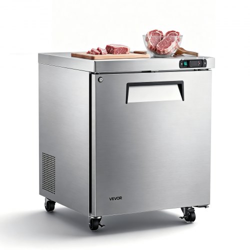 Vevor 31"W Commercial Freezer -8℉ to 0℉ Defrost Undercounter Worktop, 7.2 Cu. Ft Mobile Prep Frozen, 1 Door Stainless Steel Freezers with Lock, LED Light, Heavyload Top for Restaurant Kitchen