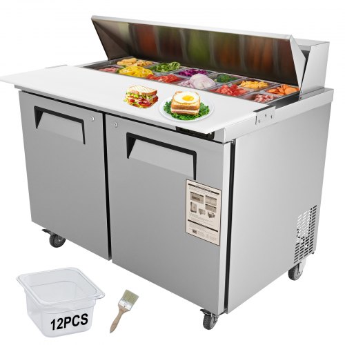 

VEVOR Commercial Refrigerator, 48" Sandwich & Salad Prep Table, 12.85 Cu. Ft Thick Stainless Steel Refrigerated Food Prep Station with 12 Pans Cutting Board, 2 Door Fridge for Restaurant, Bar, Shop