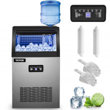 VEVOR Commercial Ice Maker 120 LB/24H Stainless Steel Commercial Ice Machine w/ 24 LB Storage Built-in 50 PCS Ice Maker Machine w/ 2 Water Inlet Modes Control Panel Blue Light Drain Pipe Filter Scoop