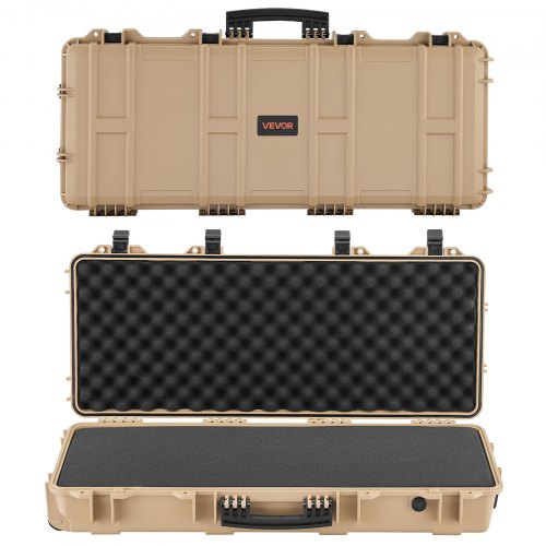 VEVOR Hard Rifle Case, Lockable Rifle Case with 4 Layers Pre-cut Foams, 97.8 cm Gun Storage with Wheels, IP67 Waterproof & Dustproof Pistol Storage Cases for Rifles, Shotguns, Airsoft Guns, Khaki