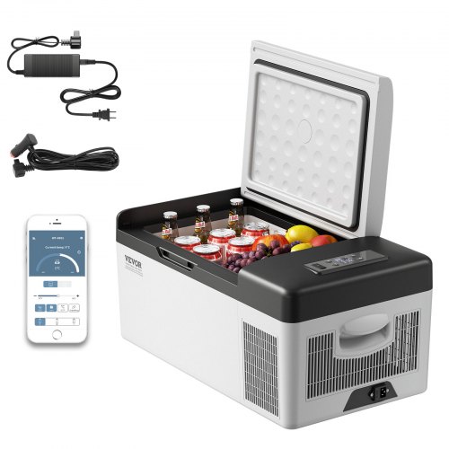 Vevor 12 Volt Refrigerator 16 Qt, Portable Mini Car Fridge with -4℉-68℉ Cooling Range & App Control 12/24V DC & 110-240V AC Electric Compressor Cooler for Truck Vehicle RV Boat Outdoor & Home Use, Gre