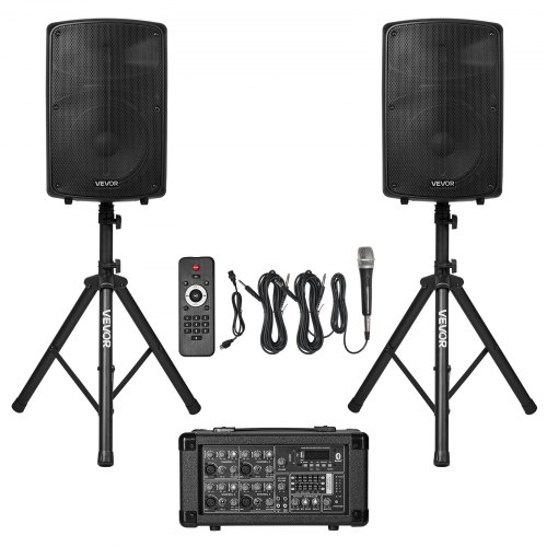 

VEVOR 2 X 10 in Speakers PA System 800W Powered Mixer Bluetooth Mic for DJ Party