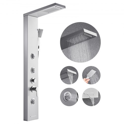 VEVOR Shower Panel Tower System with Rainfall Waterfall Shower Head, 53 in Brushed Stainless Steel Shower Column, 5-Function Faucet, Wall-Mount Rain Massage System with 3 Body Jet, Handheld, Tub Spout VEVOR Shower Panel Tower System with Rainfall Waterfall Shower Head, 53 in Brushed Stainless Steel Shower Column, 5-Function Faucet, Wall-Mount Rain Massage System with 3 Body Jet, Handheld, Tub Spout