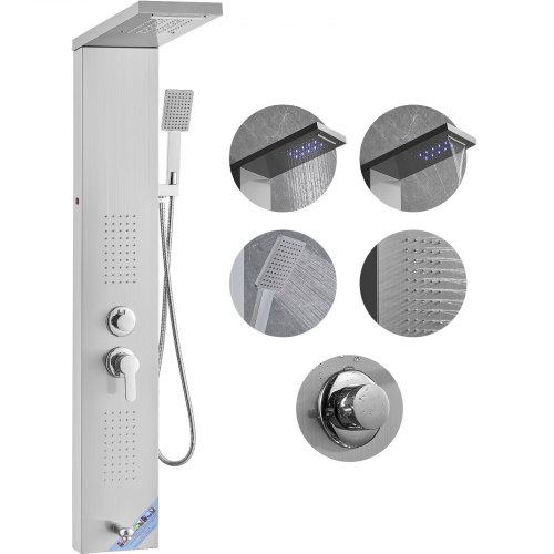 

VEVOR Shower Panel System, 5 Shower Modes, LED Shower Panel Tower, Rainfall, Waterfall, 2 Body Massage Jets, Tub Spout, Handheld Shower Head with 59" Hose, Stainless Steel Wall-Mounted Shower Set