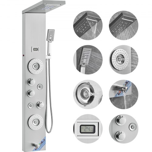 

VEVOR Shower Panel System, 6 Shower Modes, LED & Display Shower Panel Tower, Rainfall, Waterfall, 4 Body Massage Jets, Tub Spout, Handheld Shower Head 59" Hose, Stainless Steel Wall-Mounted Shower Set