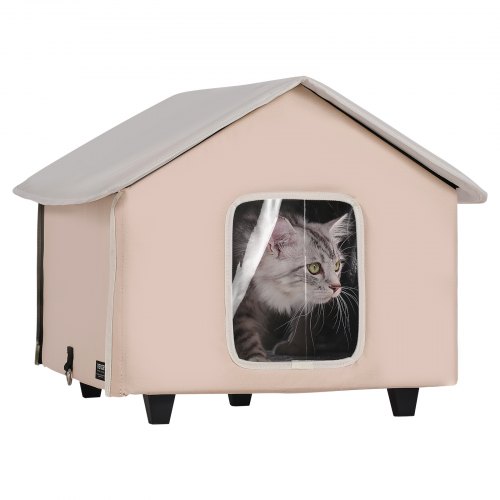 

Elevated Heated Cat House Kitty Shelter with Heated Pad Brown Middle