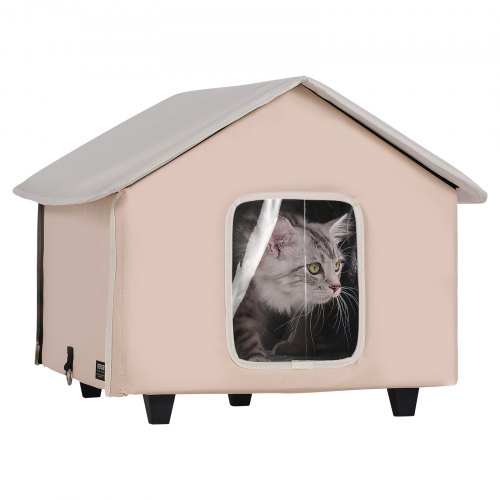 VEVOR Elevated Heated Cat House, Outdoor Kitty Shelter with Timer, 600D Oxford Cloth Foldable Cat Shelter with Heated Pad for Winter to Stay Warm and Cozy, Brown (Middle)