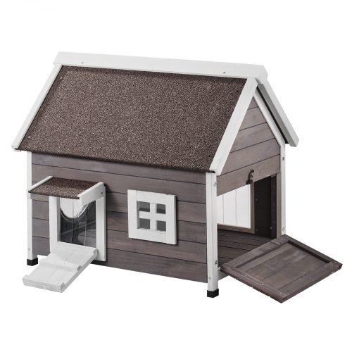 

VEVOR Outdoor Cat House Wooden Feral Cat Shelter with Roof Door Flaps & Window