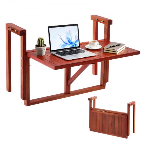 Vevor Balcony Hanging Table 22" X 11" 60 Lbs Folding Railing Bar Table, For Outdoor Patio Garden Deck, Fits 3.1"-5.3" Rails, 4-Level Adjustable Height-image