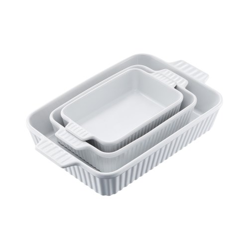 

Ceramic Baking Dish 3 Pieces Rectangular Bakeware Set Deep for Baking White