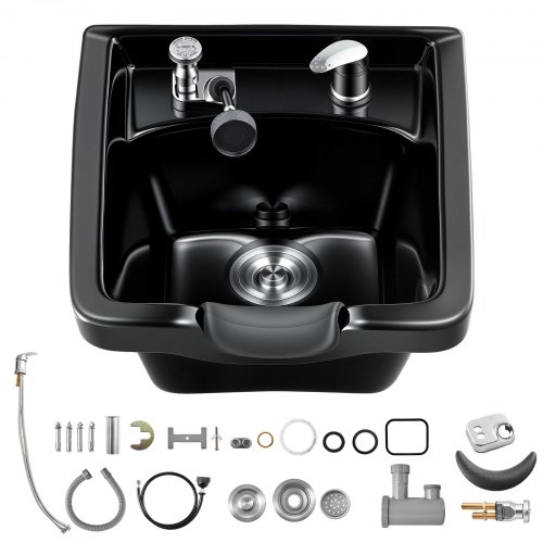 VEVOR Shampoo Bowl Black Ceramic Professional Shampoo Sink with Faucet, for Salons, Hair Stylists & Barber Stores Use, Backwash Basin Beauty Salon Equipment with Drain Hose, Showerhead & Hair Trap