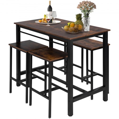 VEVOR Bar Table Set 5-Piece 47" tall table w/ 4 Square Stools Dining table Brown