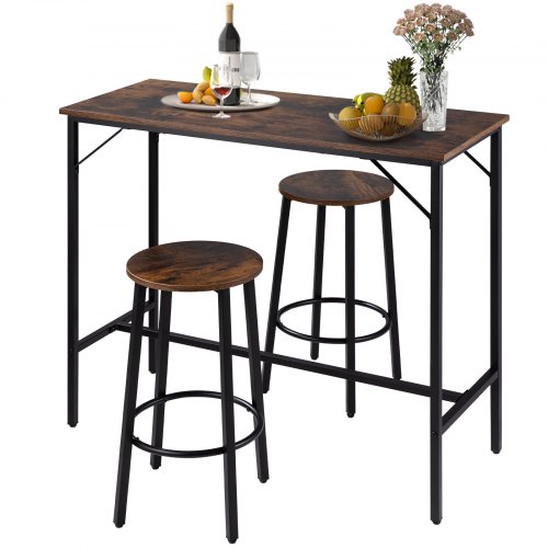 VEVOR Bar Table Set 3-Piece 39" tall table w/ 2 Round Stools Dining table Brown