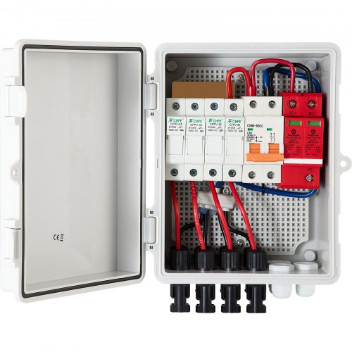 

VEVOR PV Combiner Box, 4 String, Solar Combiner Box with 15A Rated Current Fuse 63A Circuit Breaker Lightning Arrester and Solar Connector, ABS Plastic Case for On / Off Grid Solar Panel System, IP65
