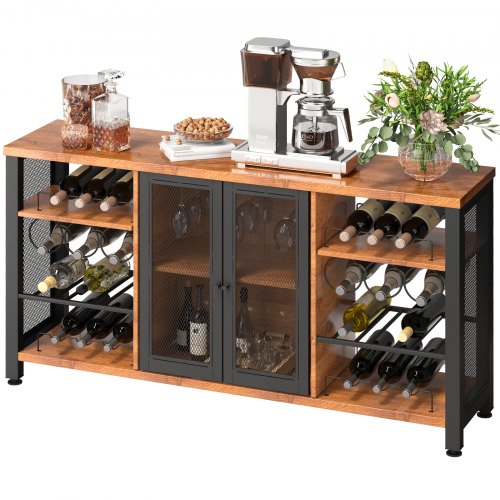 VEVOR Industrial Bar Cabinet, Wine Table for Liquor with Glass Holder, Wine Rack and Metal Sideboard, Farmhouse Wood Coffee Bar for Living Room, Dining Room (55 Inch, Rustic Oak)