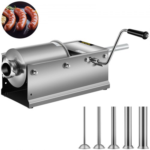 

VEVOR Manual Sausage Stuffer, 3 L / 7 LBS Horizontal Sausage Machine, Dual-Speed Meat Stuffer, Made of Food-Grade 304 Stainless Steel, Includes 5 Stuffing Tubes, for Home Kitchen Restaurant Commercial
