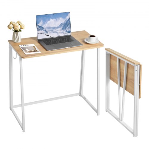 

VEVOR Folding Desk, 31.5" Foldable Table for Small Spaces with Storage Hooks, Space Saving Computer Table, Writing Workstation for Home Office, Easy Assembly, Oak
