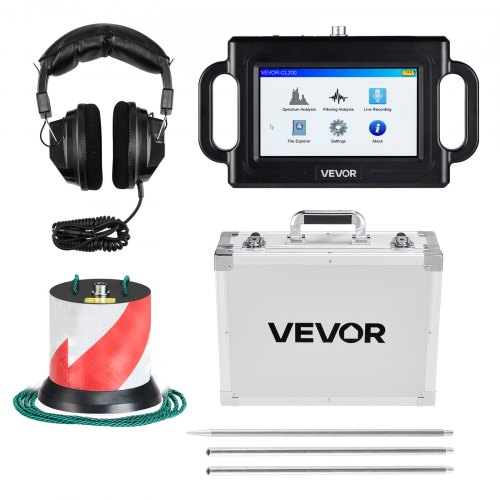 

VEVOR Pipe Water Leak Detector, 1Hz-5000Hz, 7" Touchscreen Pipeline Leakage Detection Locator for 6.6FT (2m) Underground Plumbing – with Sensor, 3 Listening Rods, Headphones, 8GB Card & Carry Case