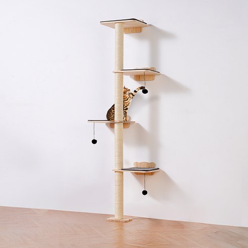 

VEVOR 4 Tiers Cat Tree, Cat Wall Furniture Set with 4 Jumping Boards, Wall-Mounted Cat Floating Shelf up to 40 lbs, 12 mm Pine Wood Cat Perch for Sleeping, Playing, and Climbing