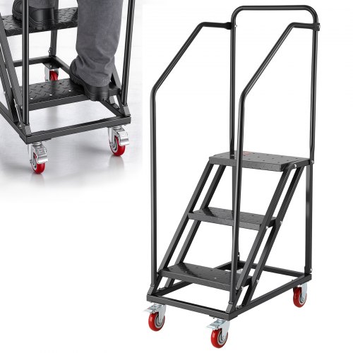 VEVOR 3-Step Rolling Warehouse Ladder, Industrial Alloy Steel Mobile Step Stair with Handrails, Non-Slip Perforated Steps & Locking Wheels, 450LBS Heavy Duty Platform Ladder for Garage Library