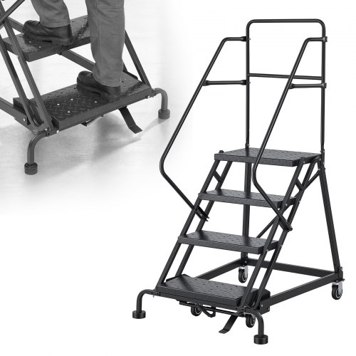 Vevor 4-Step Rolling Warehouse Ladder, Industrial Alloy Steel Mobile Step Stair, with Handrails, Non-Slip Perforated Steps & Self-Locking Wheels, 450LBS Heavy Duty Platform Ladder for Garage Library