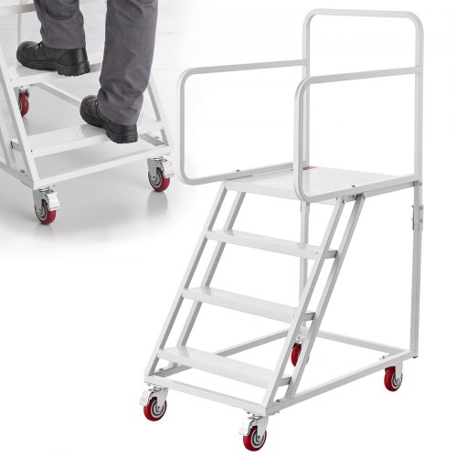 VEVOR 6-Step Rolling Warehouse Ladder, Industrial Alloy Steel Mobile Step Stair, with Handrails, Non-Slip Steps & Locking Wheels, 1100LBS Capacity Heavy Duty Platform Ladder for Garage Library Factory