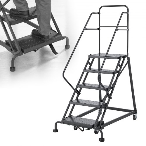 Vevor 5-Step Rolling Warehouse Ladder, Industrial Alloy Steel Mobile Step Stair, with Handrails, Non-Slip Perforated Steps & Self-Locking Wheels, 450LBS Heavy Duty Platform Ladder for Garage Library