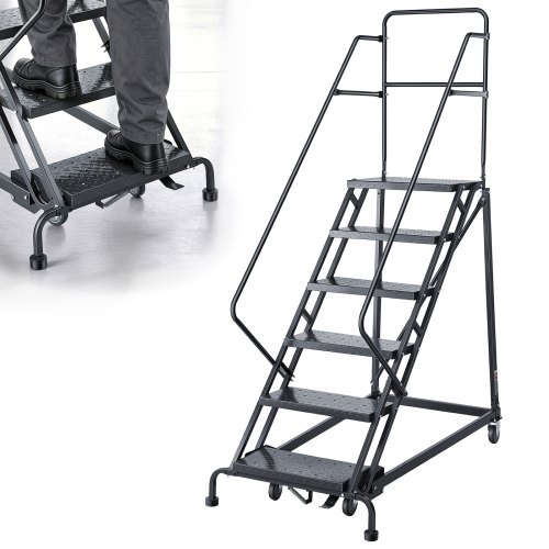 VEVOR 6-Step Rolling Warehouse Ladder, Industrial Alloy Steel Mobile Step Stair, with Handrails, Non-Slip Perforated Steps & Self-Locking Wheels, 450LBS Heavy Duty Platform Ladder for Garage Library