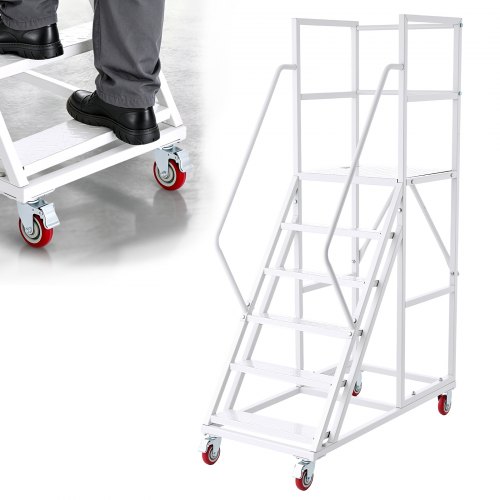 Vevor 6-Step Rolling Warehouse Ladder, Industrial Alloy Steel Mobile Step Stair, with Handrails, Non-Slip Steps & Locking Wheels, 1100LBS Capacity Heavy Duty Platform Ladder for Garage Library Factory