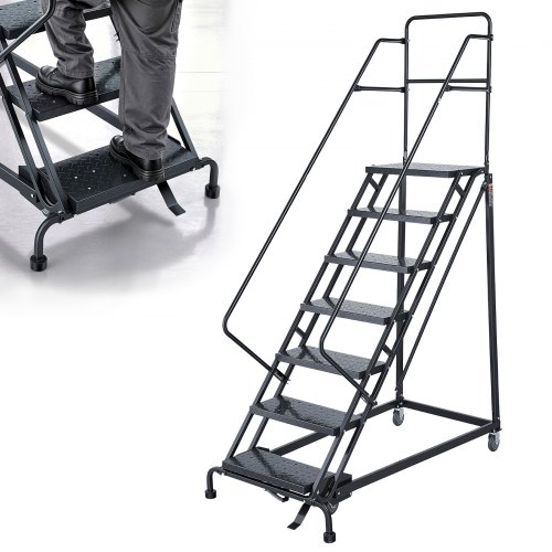 Vevor 7-Step Rolling Warehouse Ladder, Industrial Alloy Steel Mobile Step Stair, with Handrails, Non-Slip Perforated Steps & Self-Locking Wheels, 450LBS Heavy Duty Platform Ladder for Garage Library