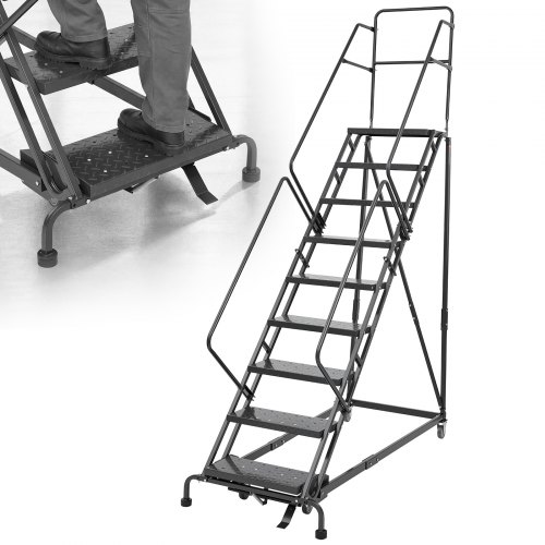 VEVOR 9-Step Rolling Warehouse Ladder, Industrial Alloy Steel Mobile Step Stair, with Handrails, Non-Slip Perforated Steps & Self-Locking Wheels, 450LBS Heavy Duty Platform Ladder for Garage Library