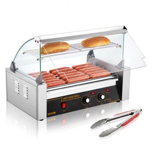 

VEVOR Hot Dog Roller 7 Rollers 18 Hot Dogs Capacity 1050W Stainless Sausage Grill Cooker Machine with Dual Temp Control Glass Hood Acrylic Cover Bun Warmer Shelf Removable Oil Drip Tray, ETL Certified