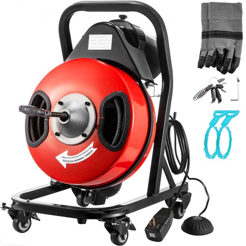 VEVOR Drain Cleaner Machine 50FTx3/8In. Electric Drain Auger 250W Sewer Snake Machine,Fit 1-1/2''(38mm) to 3(76mm) Pipes, w/4 Wheels,Cutters,Foot Switch,for Drain Cleaners Plumbers